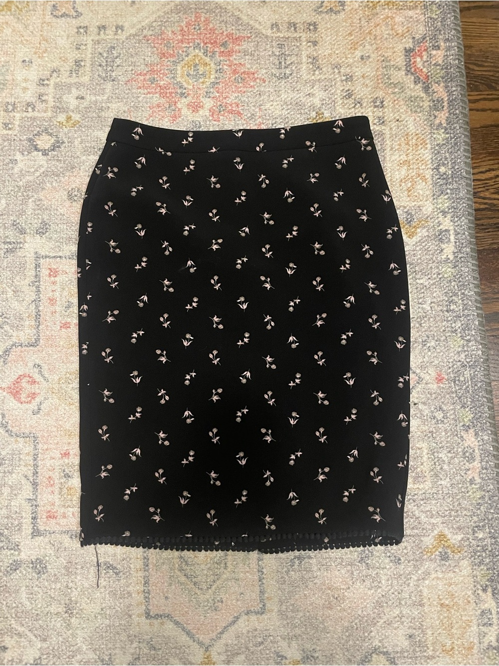 Ann Taylor Black Pencil Skirt with Pink Floral Dots